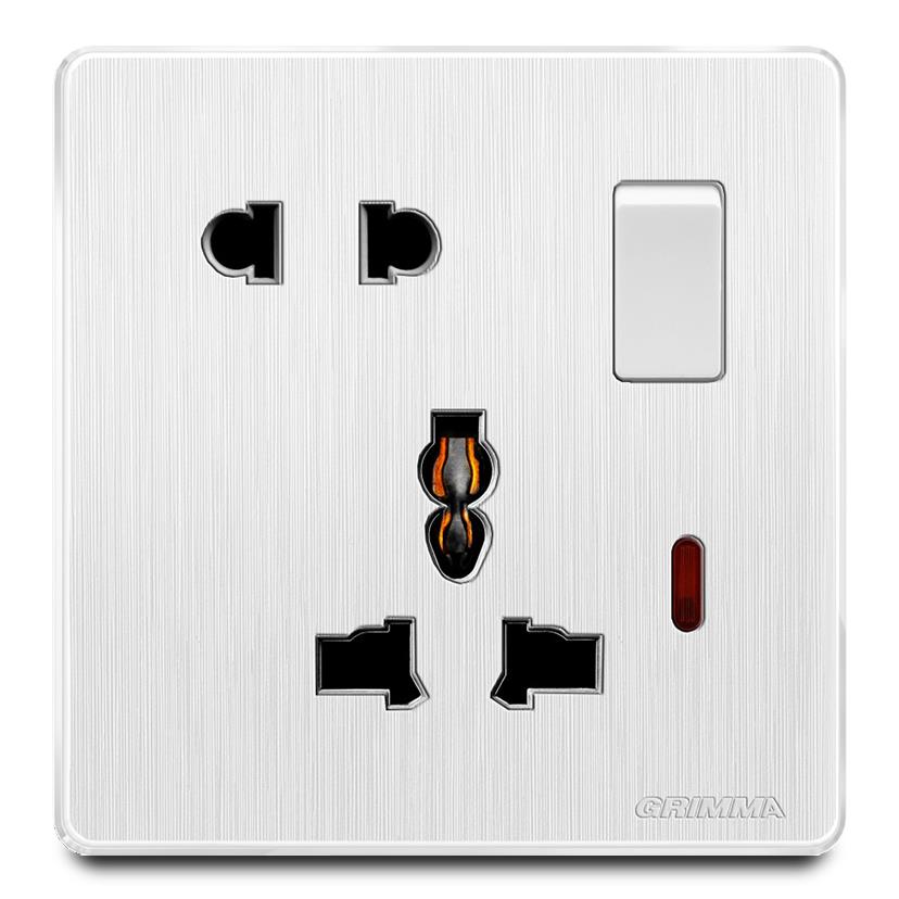 Bộ ổ cắm 2 chấu + 3 chấu có công tắc điều khiển mặt nhựa vân xước màu trắng Grimma G20WKSK23
