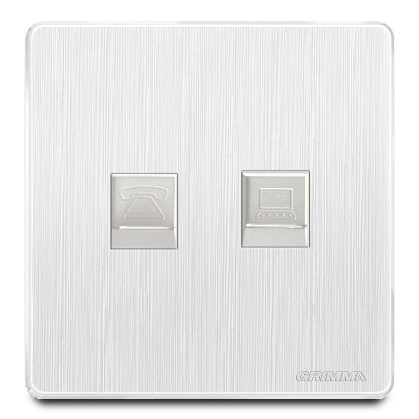 Bộ ổ cắm điện thoại + mạng mặt nhựa vân xước màu trắng Grimma G20WTELPC