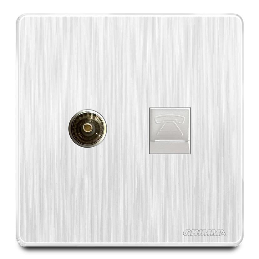 Bộ ổ cắm tivi + điện thoại mặt nhựa vân xước màu trắng Grimma G20WTVTEL