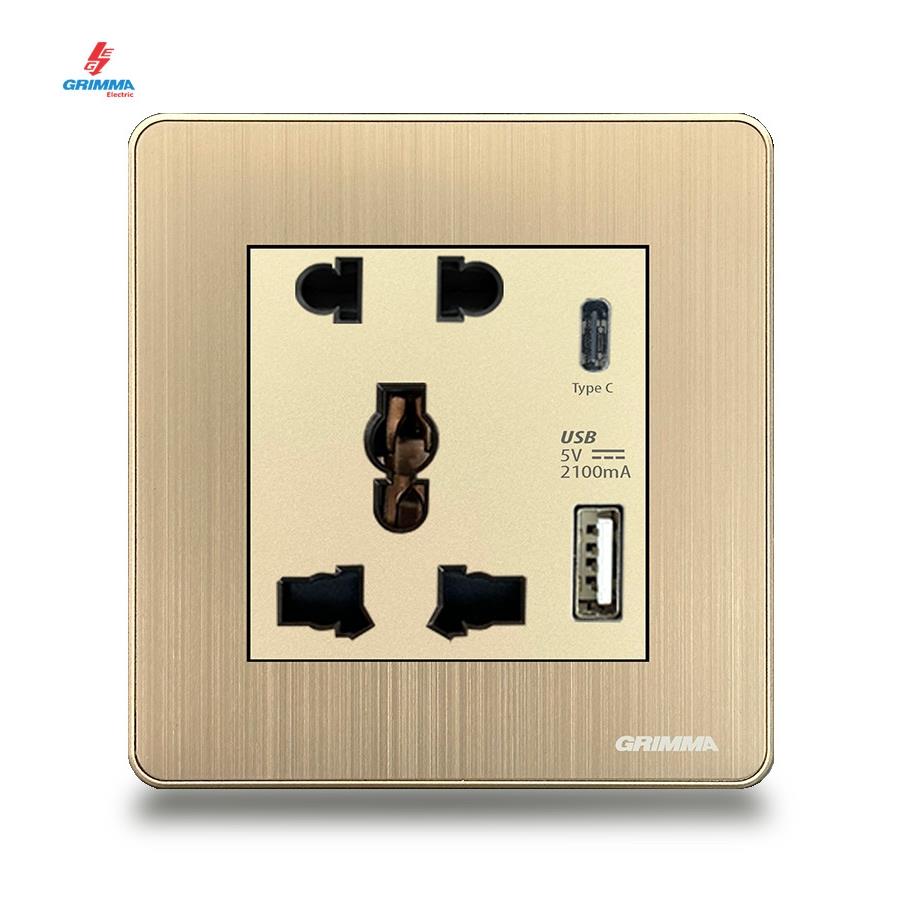 Bộ ổ cắm 2 chấu + 3 chấu + ổ cắm USB Grimma G5GSK23USB