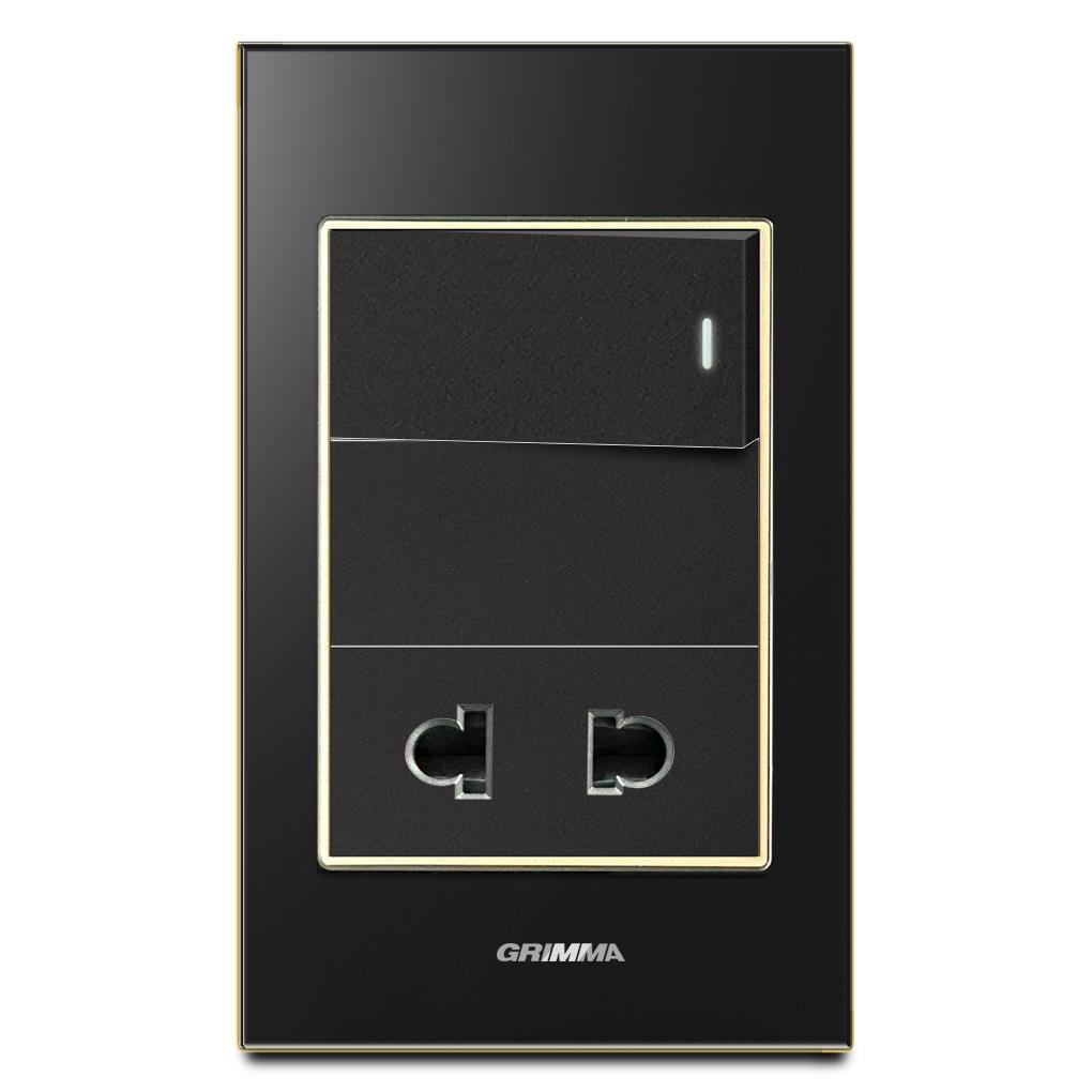 Bộ công tắc đơn 1 chiều và ổ cắm 2 chấu Grimma, mặt kính cường lực đen G6 series G6GLBK12SK2