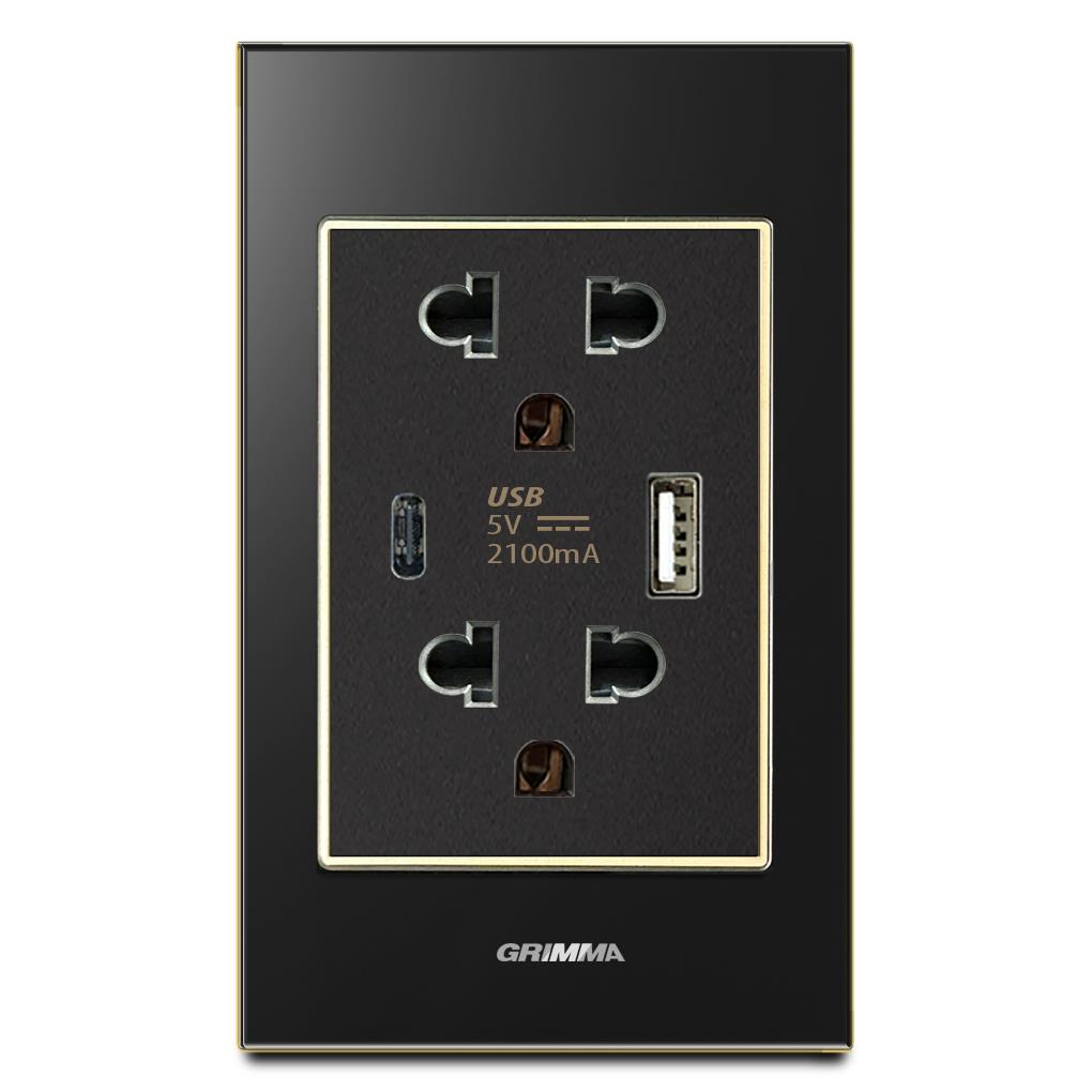 Bộ ổ cắm USB type A + type C Grimma, mặt kính cường lực G6 series G6GLBUSB