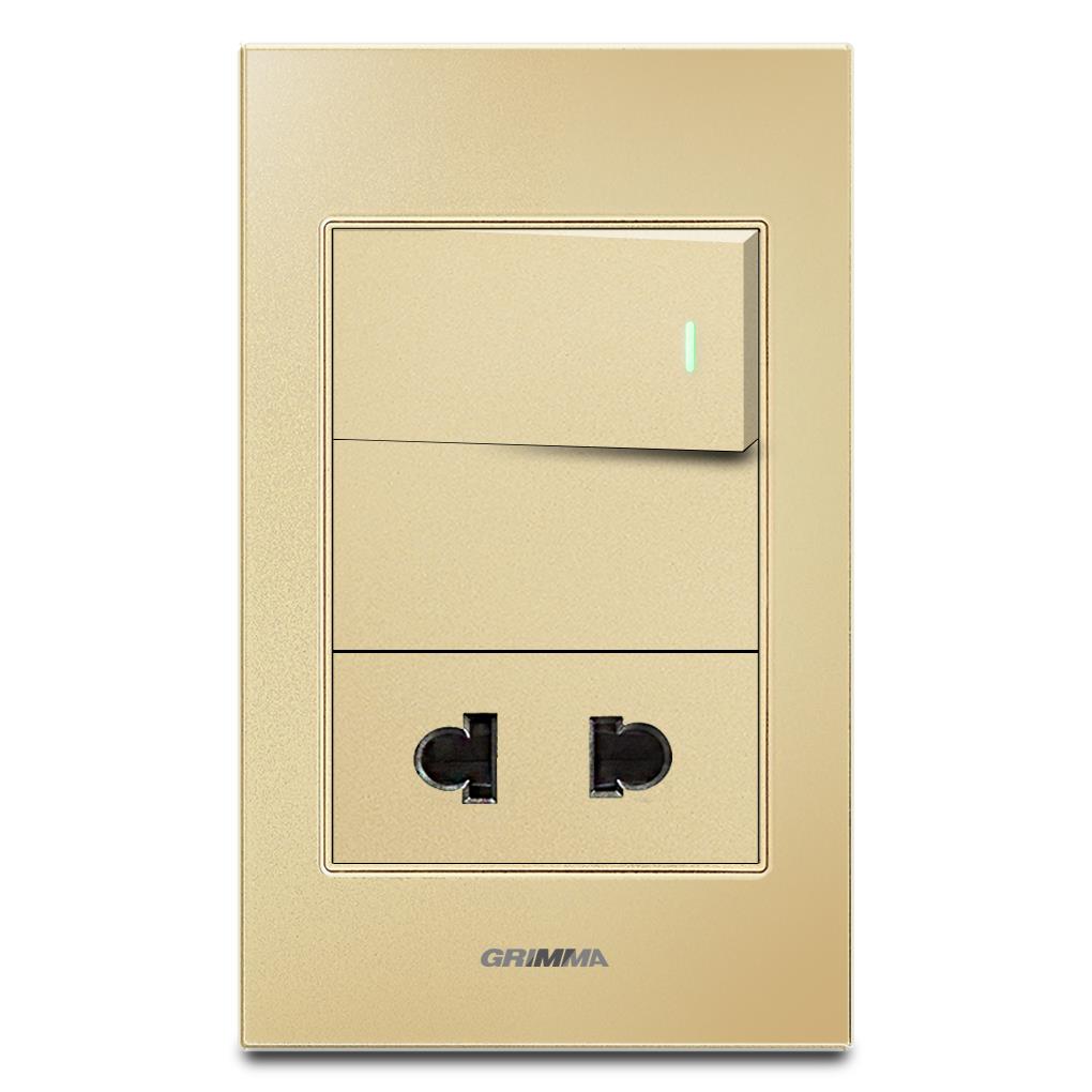 Bộ công tắc đơn 1 chiều và ổ cắm 2 chấu Grimma, mặt kính cường lực G6 series G6GLGK12SK2