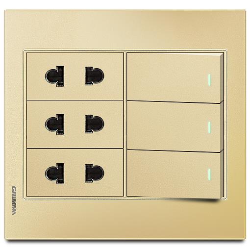 Bộ 3 công tắc 1 chiều và 3 ổ cắm 2 chấu Grimma, mặt kính cường lực G6 series G6GLGK313SK2