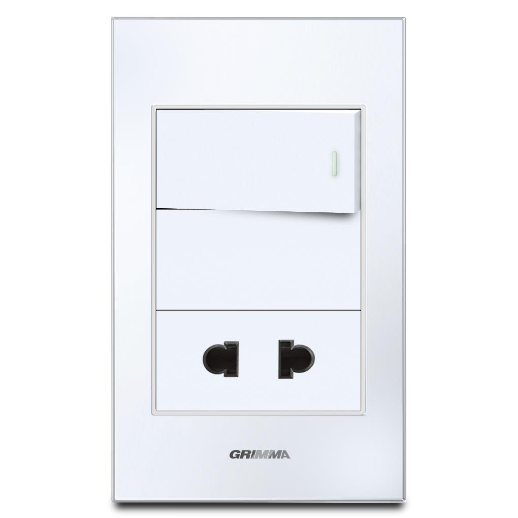 Bộ công tắc đơn 2 chiều và ổ cắm 2 chấu Grimma, mặt kính cường lực G6 series G6GLWK12SK2
