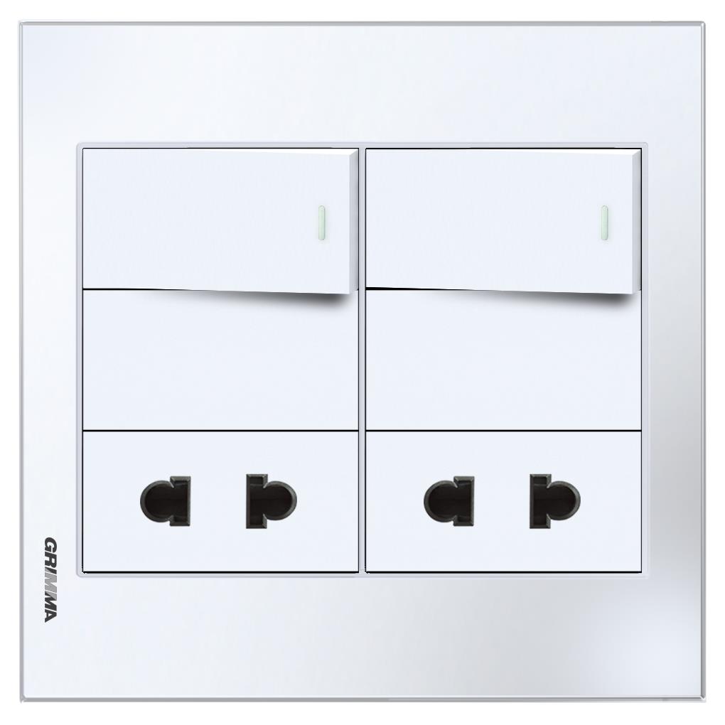 Bộ 3 công tắc 1 chiều và 2 ổ cắm 2 chấu Grimma, mặt kính cường lực G6 series G6GLWK212SK2