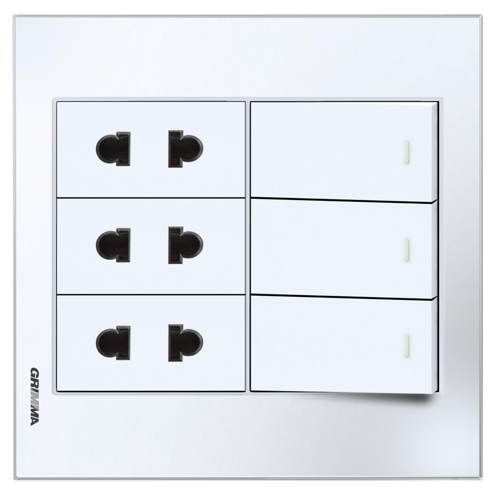 Bộ 3 công tắc 1 chiều và 3 ổ cắm 2 chấu Grimma, mặt kính cường lực G6 series G6GLWK313SK2