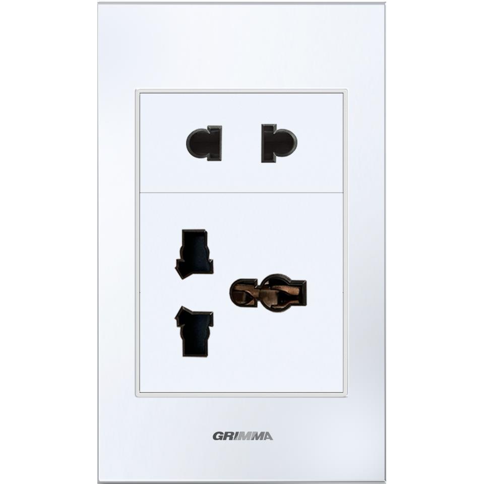 Bộ ổ cắm 2 chấu + 3 chấu Grimma, mặt kính cường lực G6 series G6GLWSK2SK3