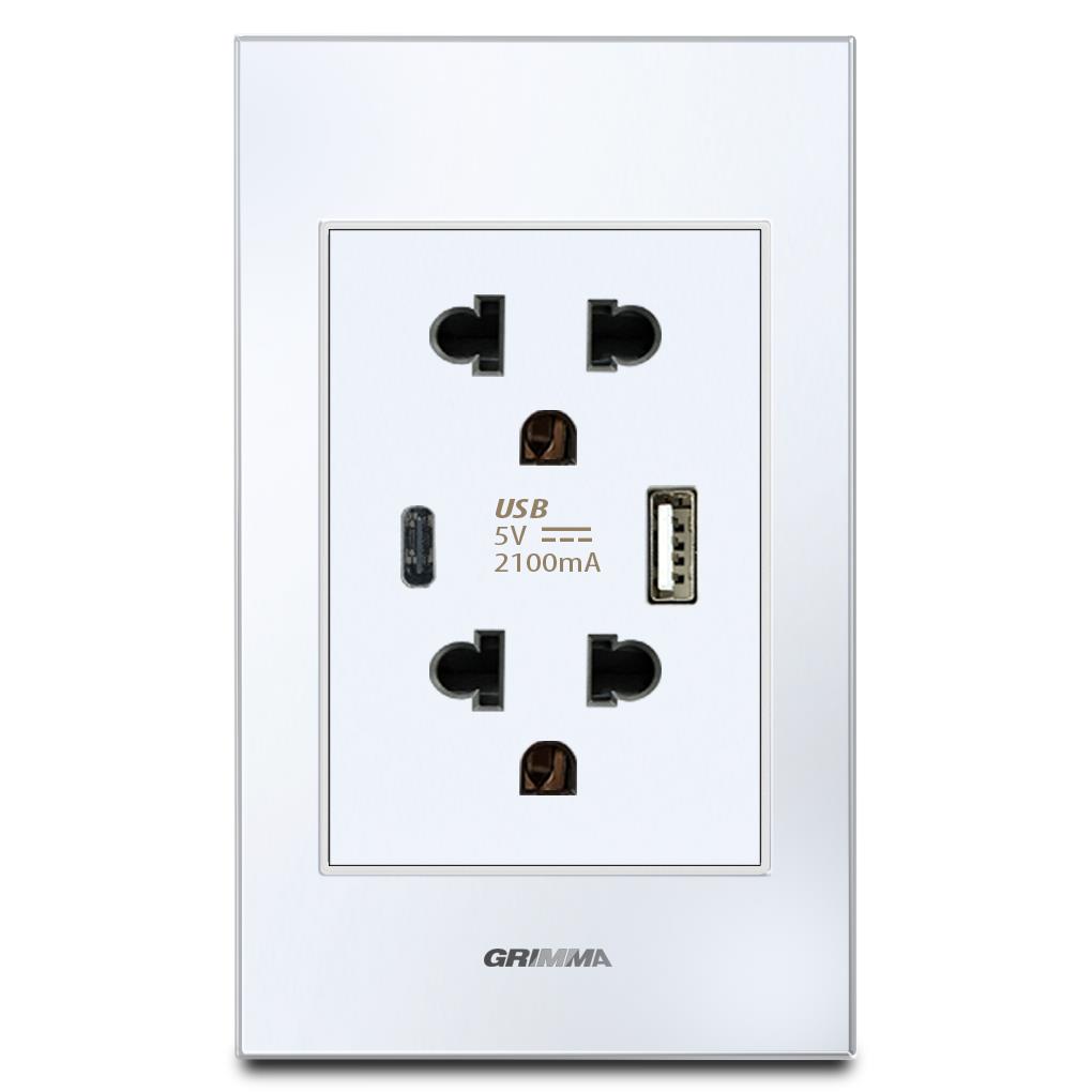 Bộ ổ cắm USB type A + type C Grimma, mặt kính cường lực G6 series G6GLWUSB