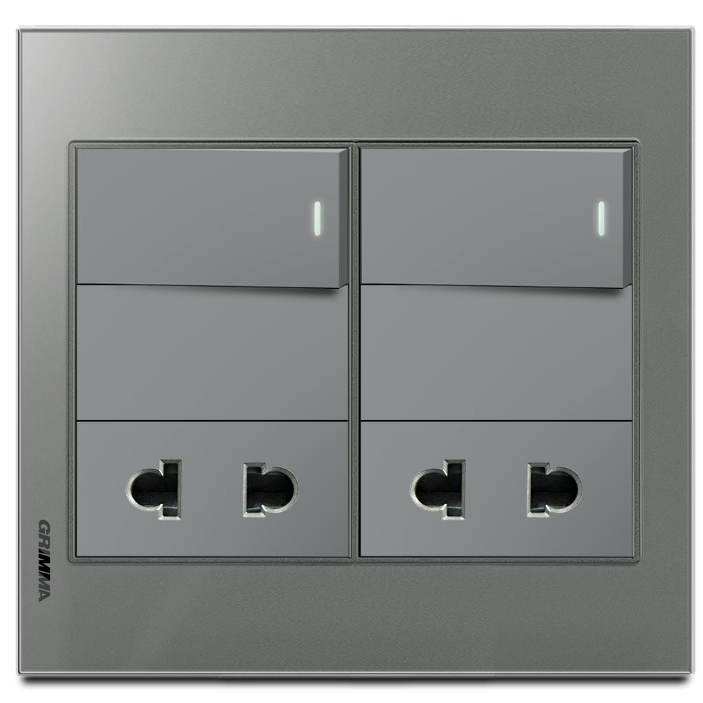 Bộ 3 công tắc 1 chiều và 2 ổ cắm 2 chấu Grimma, mặt kính cường lực vàng G6 series G6GLXK212SK2