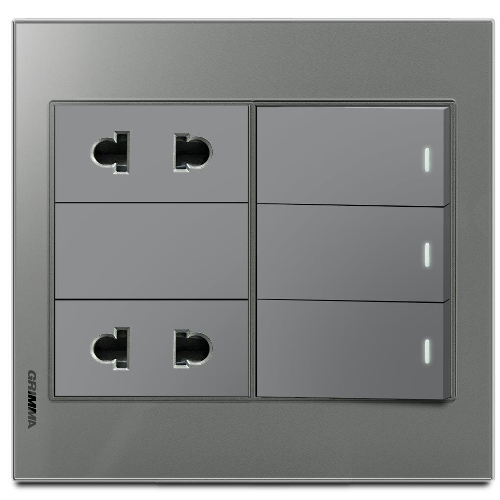 Bộ 3 công tắc 1 chiều và 2 ổ cắm 2 chấu Grimma, mặt kính cường lực G6 series G6GLXK312SK2
