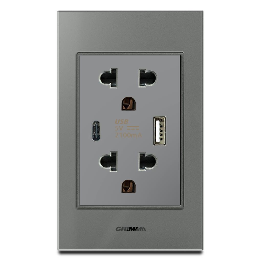 Bộ ổ cắm USB type A + type C Grimma, mặt kính cường lực G6 series G6GLXUSB