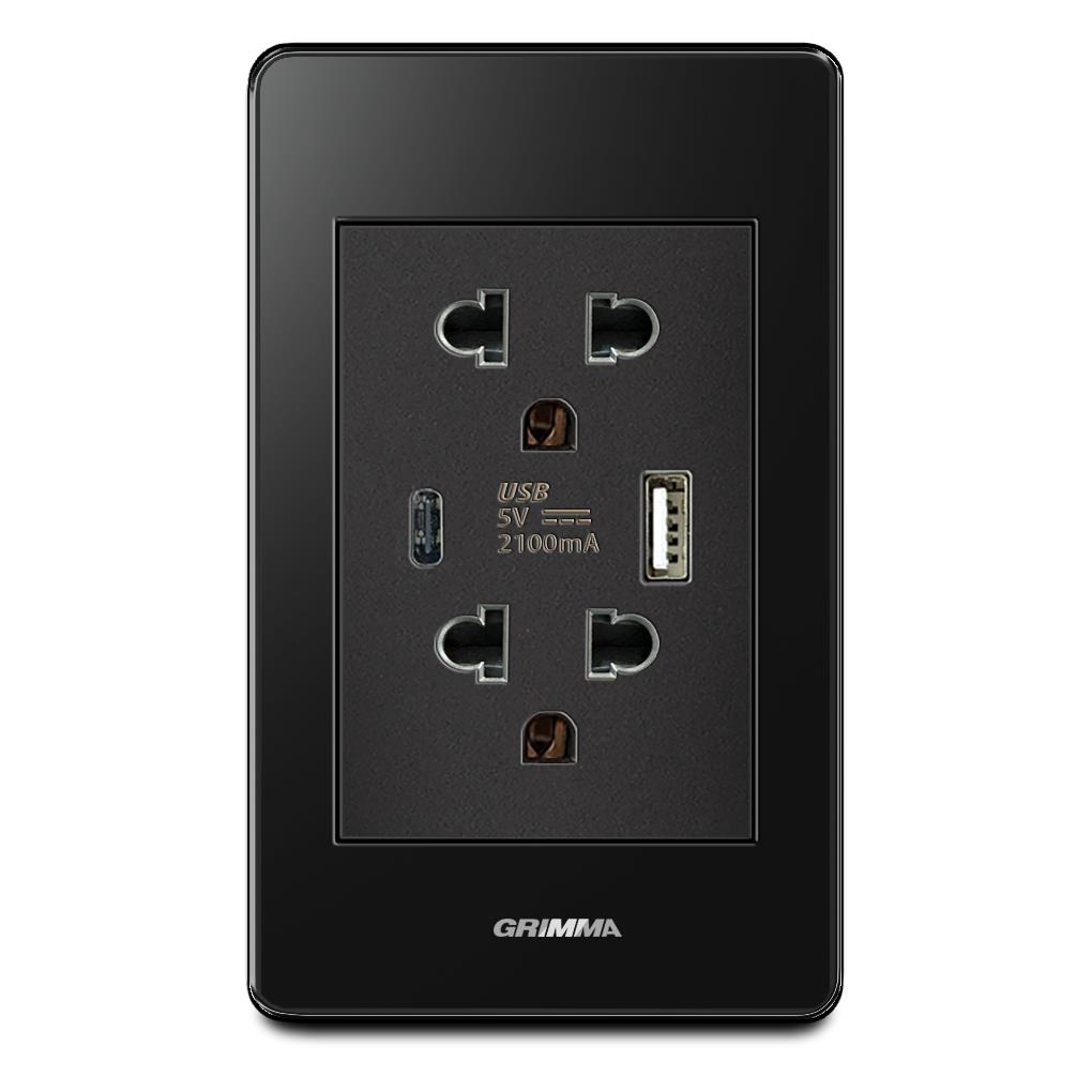 Bộ ổ cắm USB Grimma, mặt Acrylic đen G7 series G7ACBLUSB