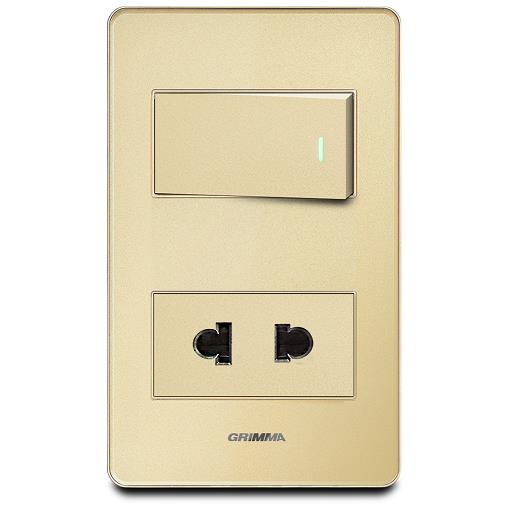 Bộ công tắc đơn 1 chiều và ổ cắm 2 chấu Grimma, mặt Acrylic vàng G7 series G7ACGK11SK2