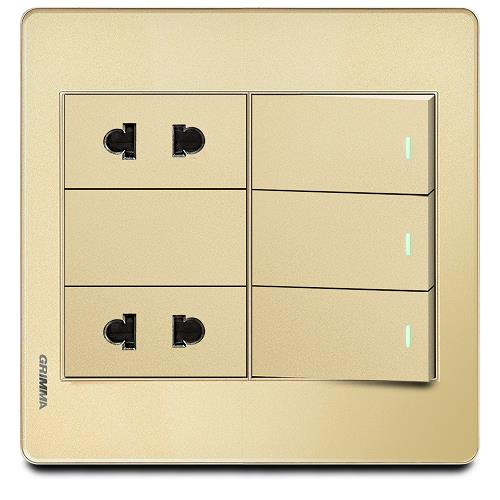 Bộ 3 công tắc 1 chiều và 2 ổ cắm 2 chấu Grimma, mặt Acrylic vàng G7 series G7ACGK312SK2