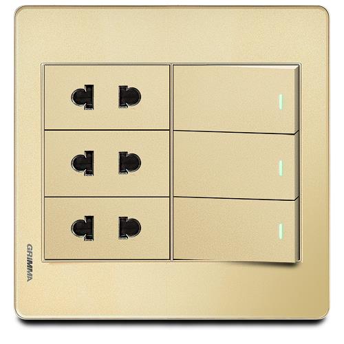 Bộ 3 công tắc 1 chiều và 3 ổ cắm 2 chấu Grimma, mặt Acrylic vàng G7 series G7ACGK313SK2