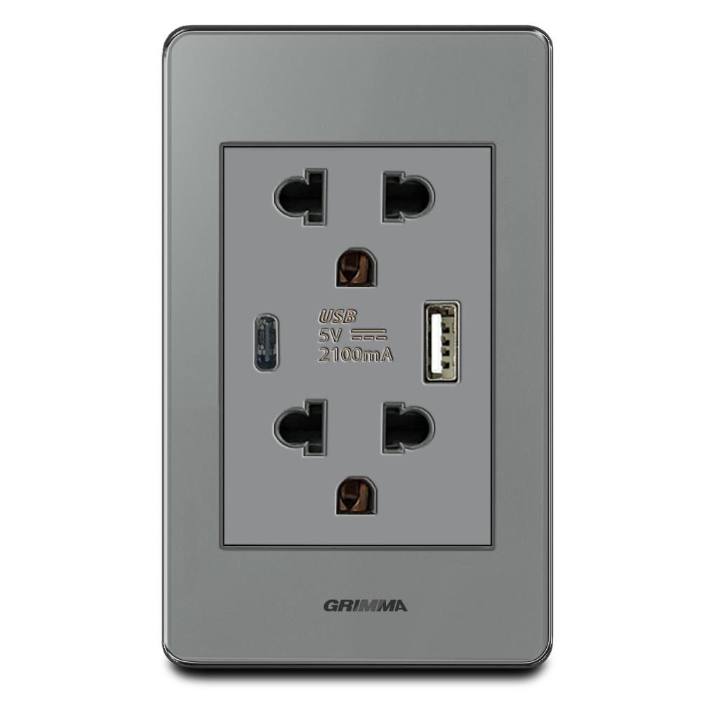 Bộ ổ cắm USB Grimma, mặt Acrylic xám G7 series G7ACXUSB