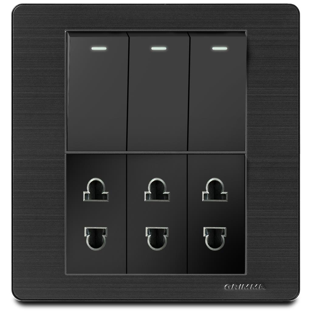 Bộ 3 công tắc 1 chiều và 3 ổ cắm 2 chấu Grimma, mặt thép không gỉ G7 series G7SBK313SK2