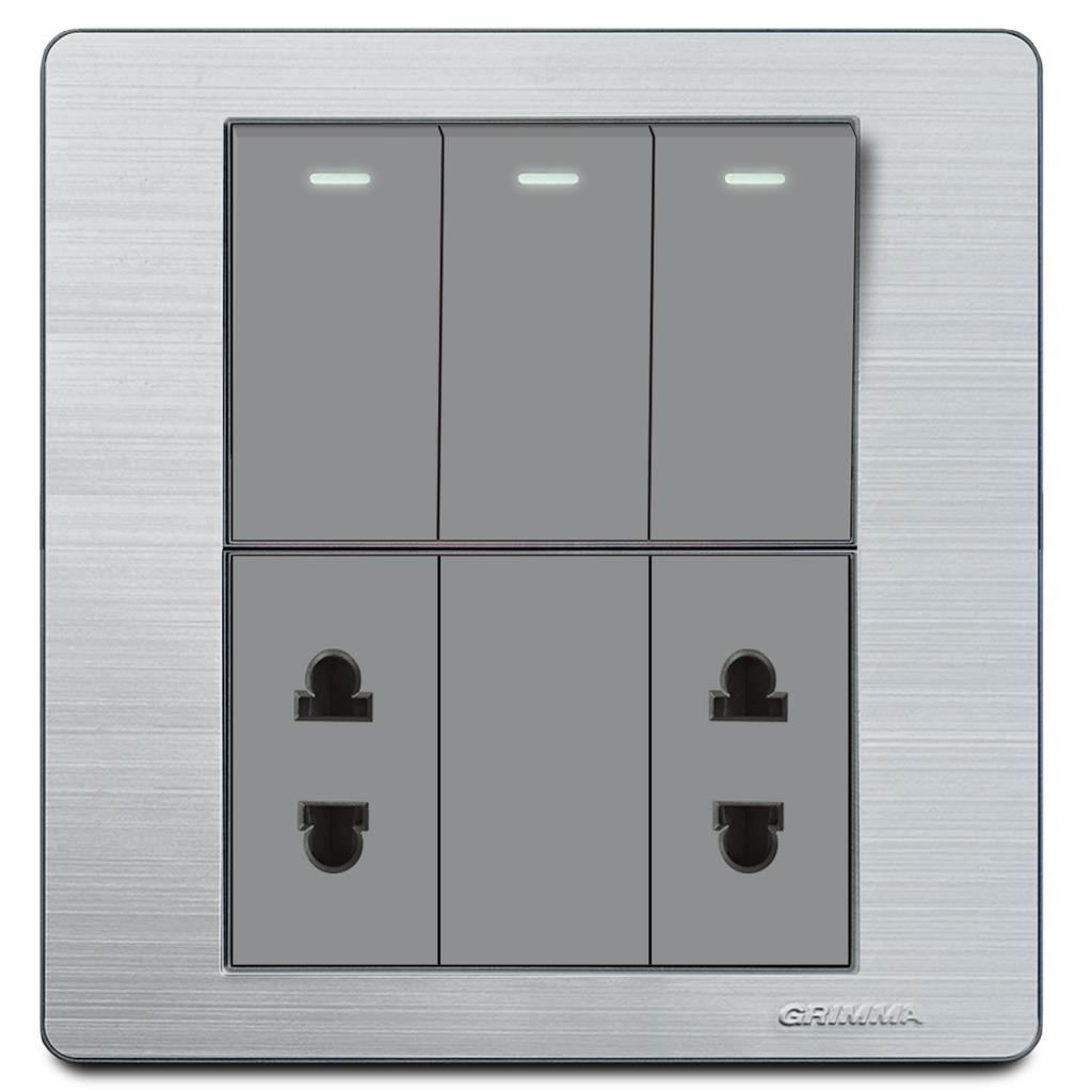 Bộ 3 công tắc 1 chiều và 2 ổ cắm 2 chấu Grimma, mặt thép không gỉ G7 series G7SK312SK2