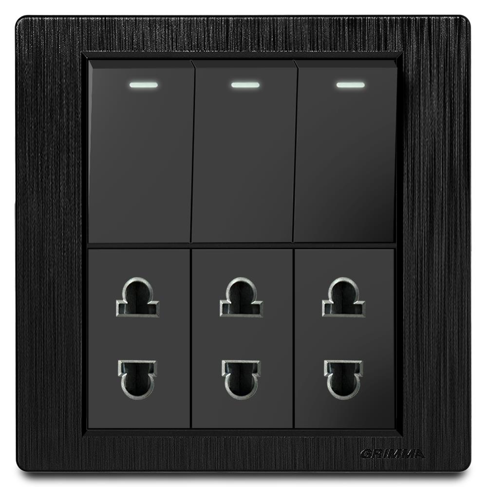 Bộ 3 công tắc 1 chiều và 3 ổ cắm 2 chấu Grimma, mặt nhựa vân xước G8 series G8BK313SK2