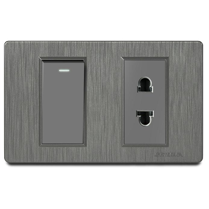 Bộ công tắc đơn 2 chiều và ổ cắm 2 chấu Grimma, mặt nhựa vân xước G8 series G8K12SK2