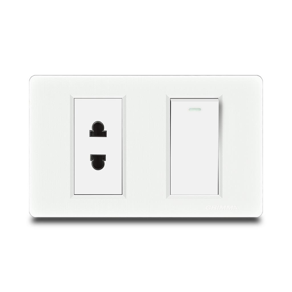 Bộ công tắc đơn 2 chiều và ổ cắm 2 chấu Grimma, mặt nhựa vân xước G8 series G8WK12SK2