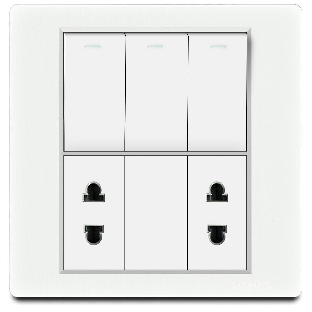 Bộ 3 công tắc 1 chiều và 2 ổ cắm 2 chấu Grimma, mặt nhựa vân xước G8 series G8WK312SK2