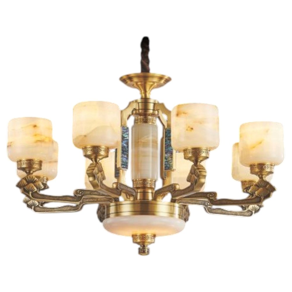 Đèn Chùm Đồng Nguyên Chất Chao Đá Bạch Ngọc Khảm Xà Cừ Euroto Ø830 x H550 + 500 E14*8+LED SMD