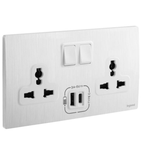 Bộ ổ cắm đôi đa năng có công tắc 16A và ổ sạc USB Type A + Type C