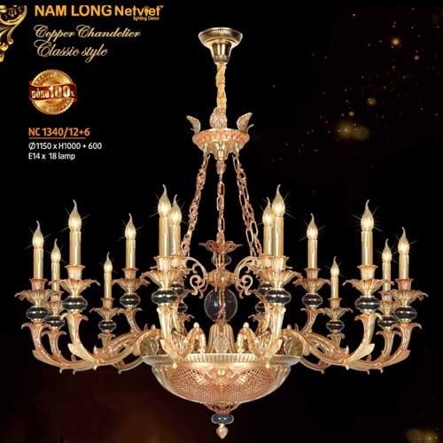 Đèn chùm nến đồng Netviet Ø1150 x H1000 + 600, E14 x 18 lamp