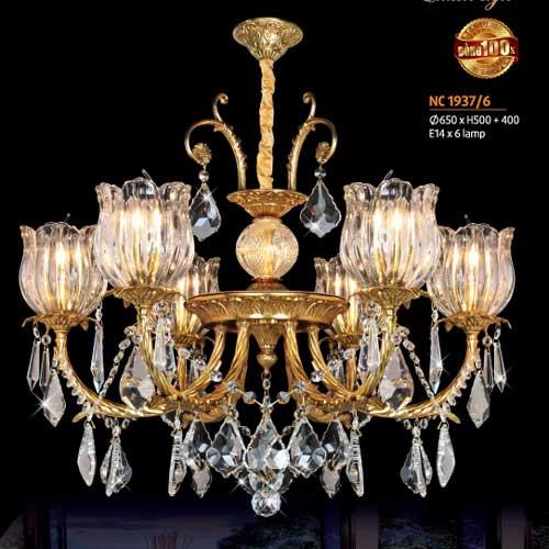 Đèn chùm đồng pha lê Netviet Ø650 x H500 + 400, E14 x 6 lamp