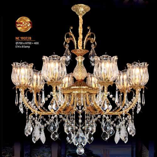 Đèn chùm đồng pha lê Netviet Ø700 x H700 + 400, E14 x 8 lamp