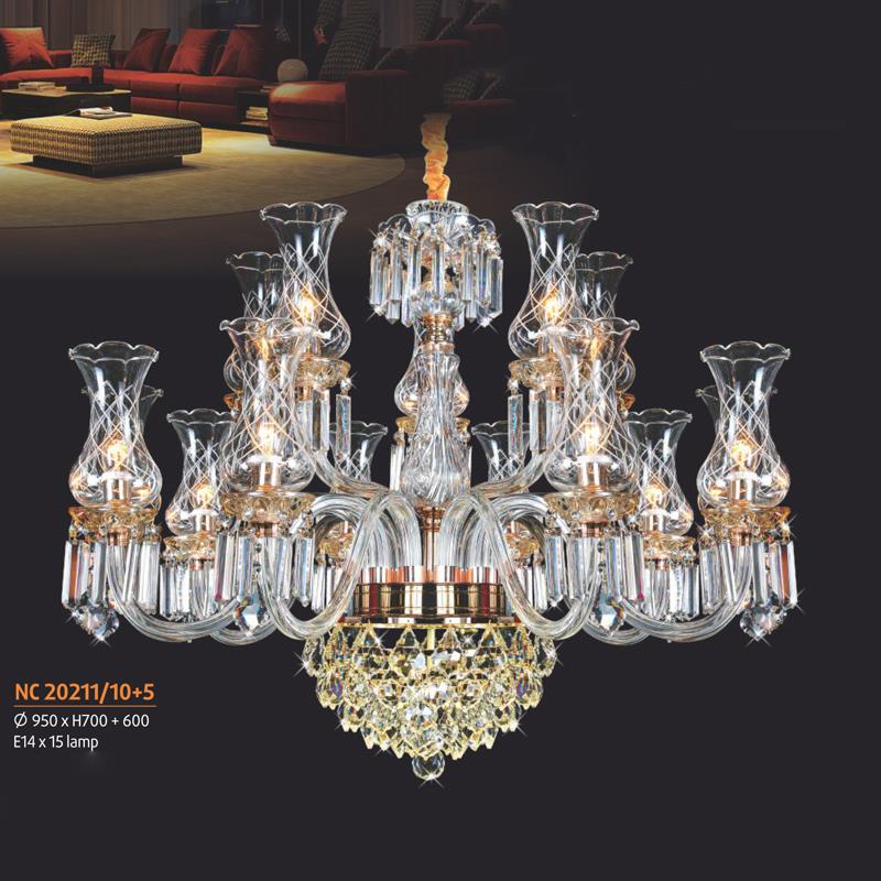 Đèn chùm nến phong cách trang trọng Ø950*H700+600, E14*15 lamp