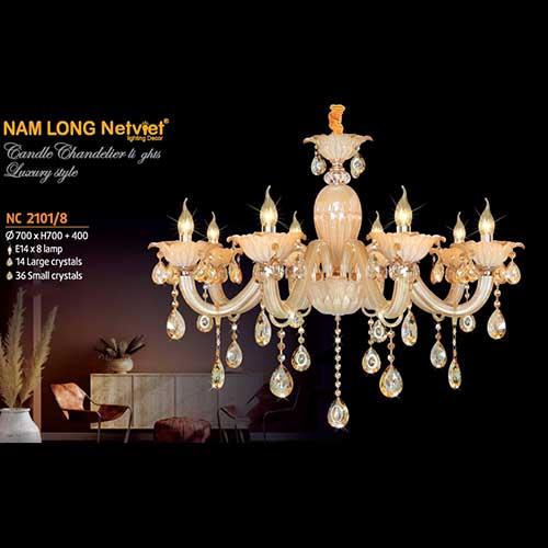 Đèn chùm pha lê Netviet Ø700 x H700 + 400, E14 x 8 lamp, 14 large crystals, 36 small crystals