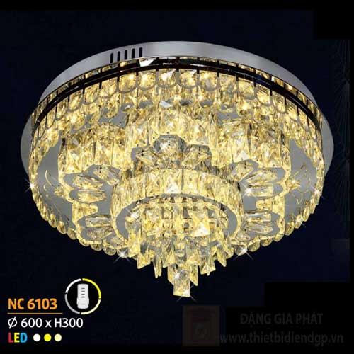 Đèn mâm tròn pha lê Ø600 x H300, 3 màu ánh sáng