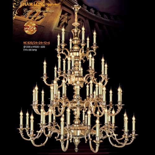 Đèn chùm nến đồng Netviet Ø1200 x H1500 + 600, E14 x 66 lamp