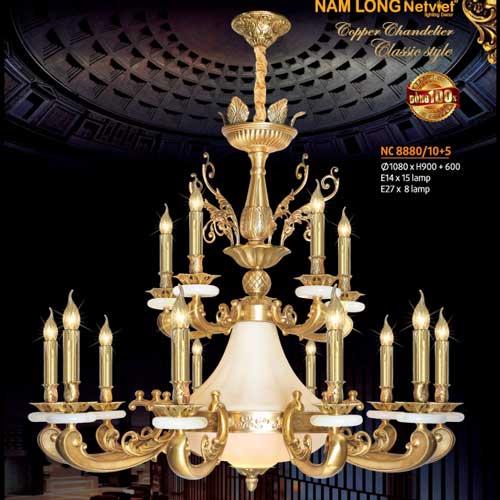 Đèn chùm nến đồng Netviet Ø1080 x H900 + 600, E14 x 15 lamp, E27 x 8 lamp