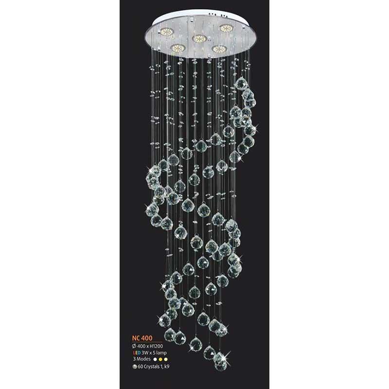 Đèn thả pha lê xoắn Ø500*H1200, Led 3W*5 lamp, 3 chế độ, 60 crystals 1 K9