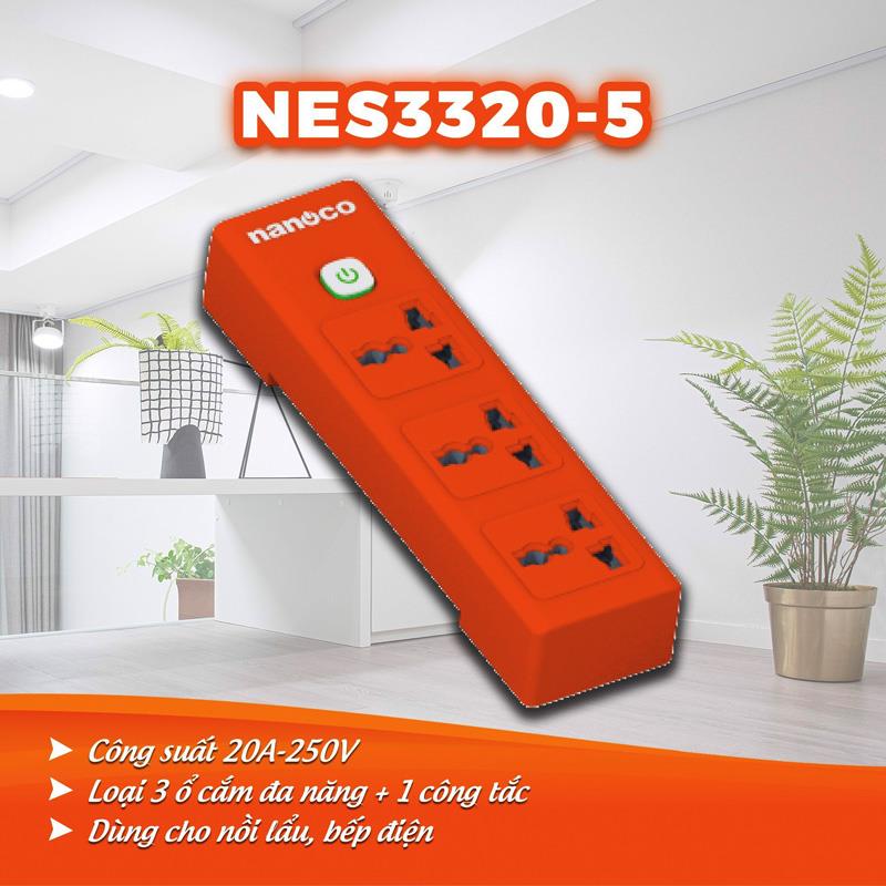 Ổ cắm dây điện 5m, 20A-220V - Nanoco Loại 3 ổ đa năng + 1 công tắc