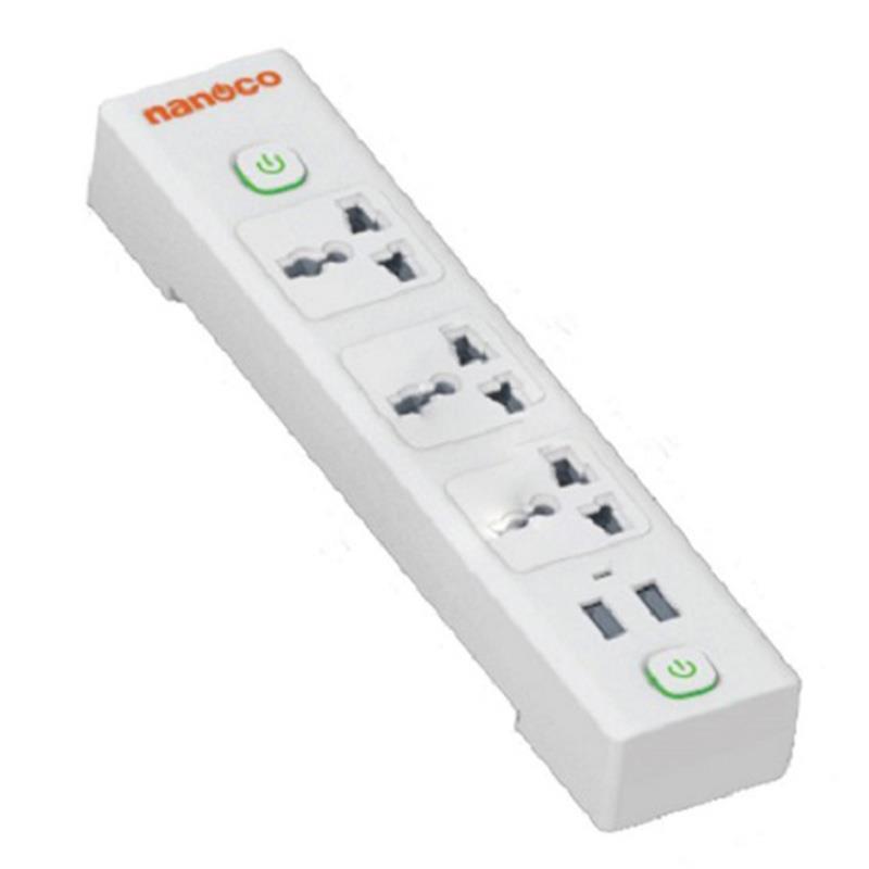 Ổ cắm kéo dài dân dụng Nanoco 15A-220V Loại 3 ổ đa năng + 2 USB + 2 công tắc