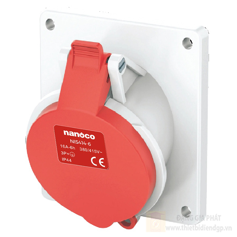 Ổ cắm công nghiệp âm Nanoco 4P - 400V - 6H - IP44 loại không kín nước dạng nghiêng
