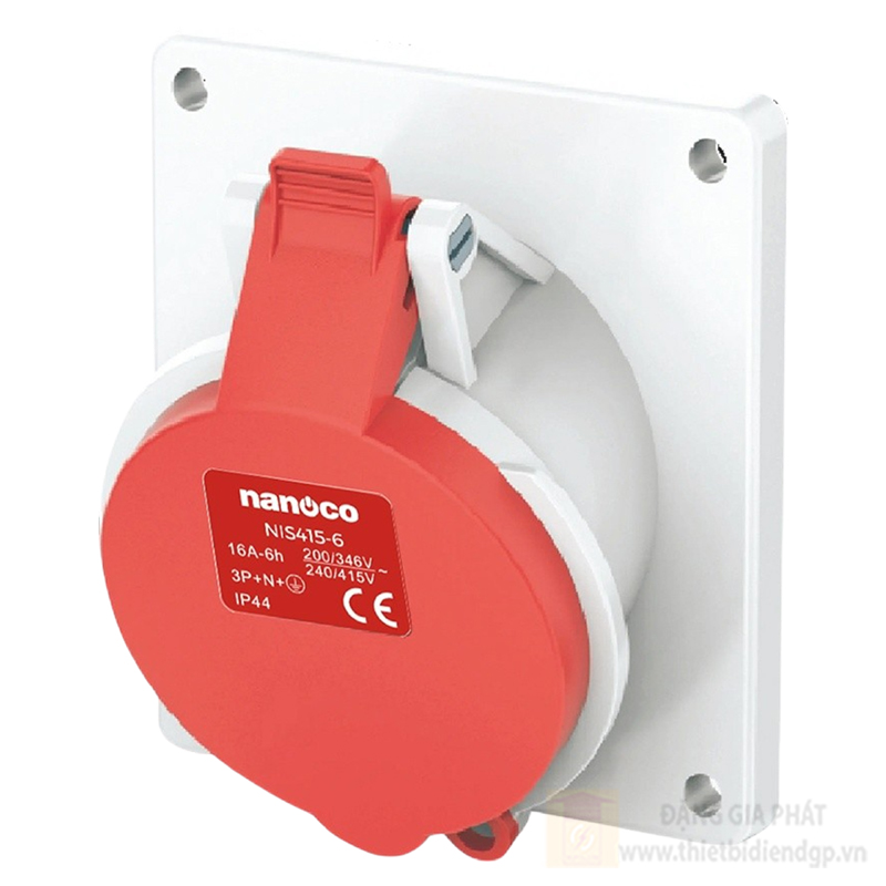 Ổ cắm công nghiệp âm Nanoco 5P - 400V - 6H - IP44 loại không kín nước dạng nghiêng