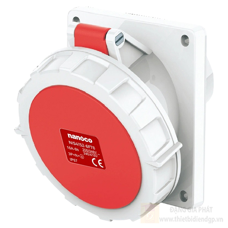 Ổ cắm công nghiệp âm Nanoco 5P - 400V - 6H - IP67 loại kín nước dạng nghiêng
