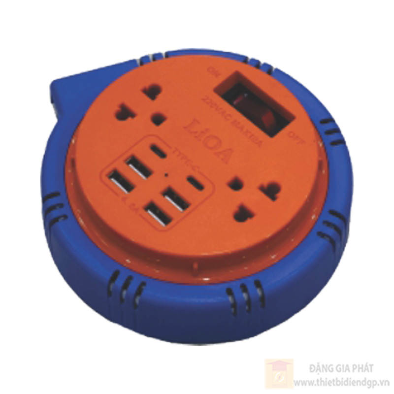 Ổ cắm kéo dài quay tay LiOA cuộn dây kín 10A kiểu đĩa bay mini - hai ổ 3 chấu+4 USB Type A+2 Type C