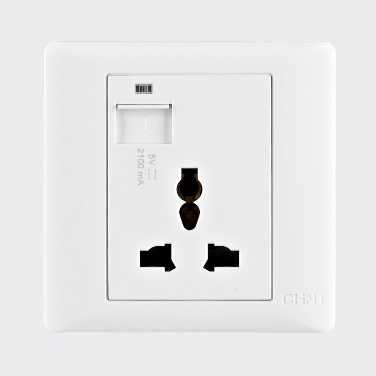 Bộ ổ cắm đơn đa năng kèm USB CHINT NEW7-G13110 White 13A