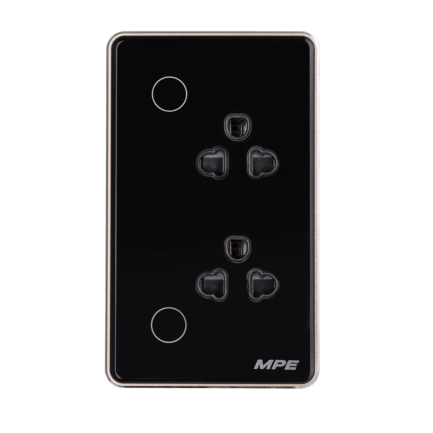 Mặt ổ cắm đôi 3 chấu MPE viền vàng điều khiển Wifi màu đen
