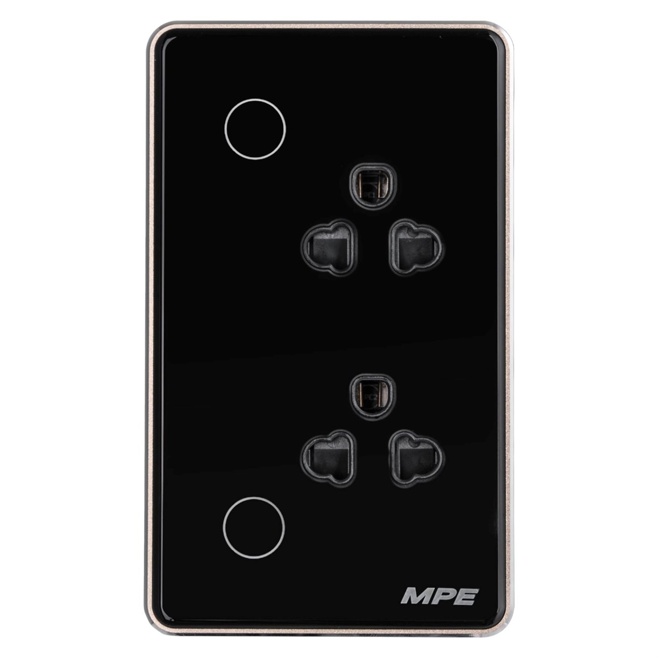 Mặt ổ cắm đôi 3 chấu viền vàng MPE điều khiển Wifi màu đen