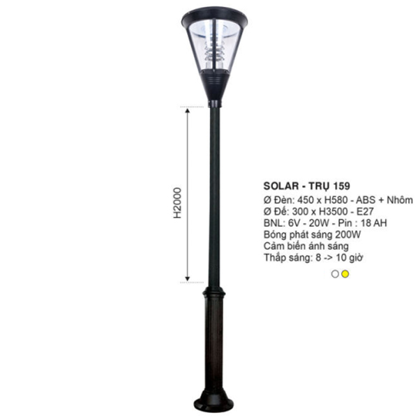 Đèn trụ ngoài trời Euroto 6V-20W, Pin 18AH - 200W