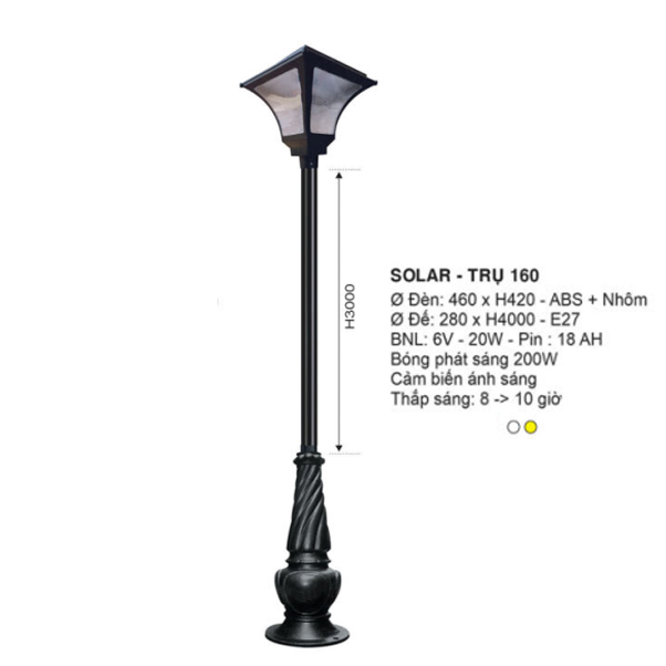 Đèn trụ sân vườn năng lượng mặt trời euroto - SOLAR TRỤ 160 - LED 200W