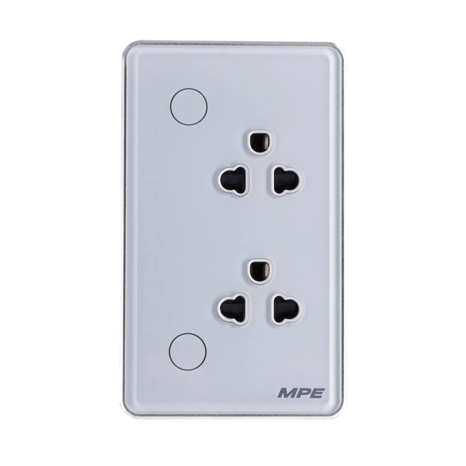 Mặt ổ cắm đôi 3 chấu MPE màu trắng viền bạc điều khiển Wifi